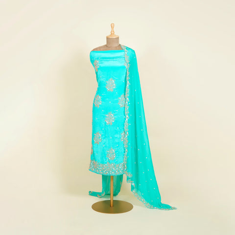 Sea Green Unstitched suit embellished with Pearls, Sequins and Cut dana work