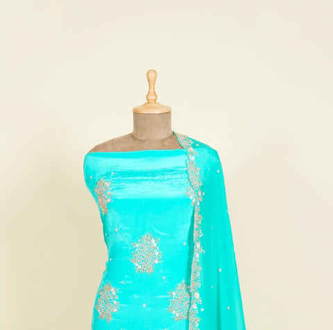 Sea Green Unstitched suit embellished with Pearls, Sequins and Cut dana work