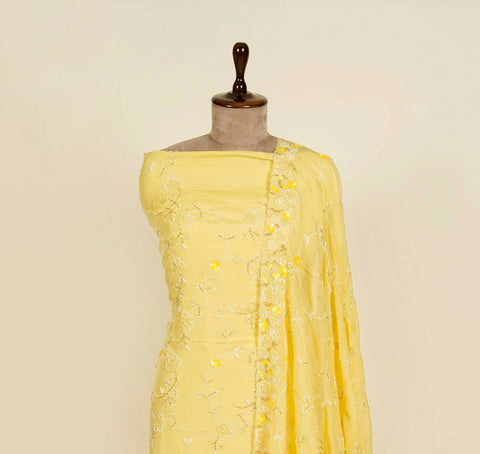 Lemon Unstitched suit embellished with Pearls, Sequins and Cut dana work