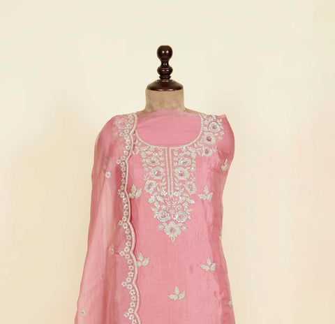 Gajri Pink Unstitched suit embellished with Thread, Sequins and Cut Dana work