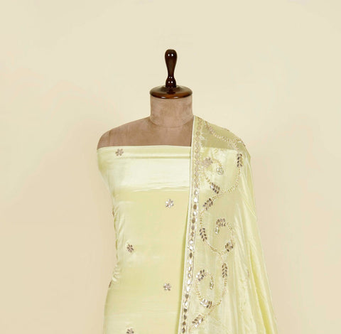 Pista Unstitched suit embellished with Pearls, Dori and Gota patti work