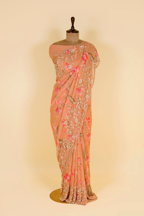 Floral Peach Saree embellished with Dabka and Embroidery Work