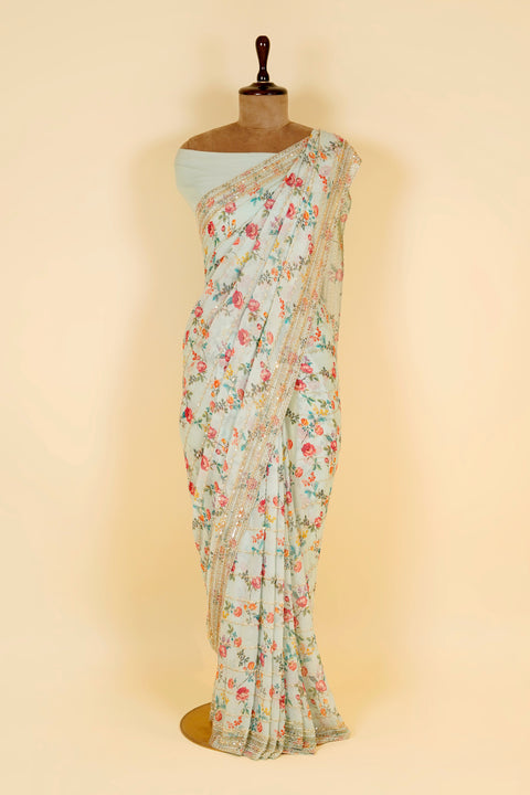 Grey Floral Printed Saree