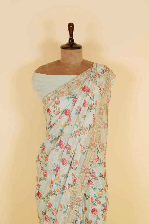 Grey Floral Printed Saree