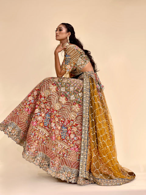 Velvet Mehendi Colour Lehenga with Multi-Colour Hand Zardozi Work