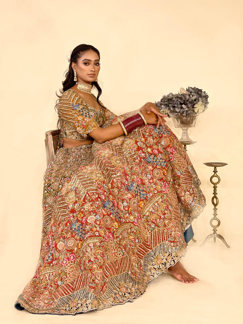 Velvet Mehendi Colour Lehenga with Multi-Colour Hand Zardozi Work